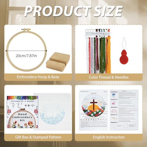 ElasignShopo Christian Embroidery Kit for Beginners Adults, Easy Cross Stitch Kit Easter Cross Jesus Pattern Embroidery Starter Kits with Wooden Hoop, Needles, Threads and Instruction Easter Gift - color: Flower Cross