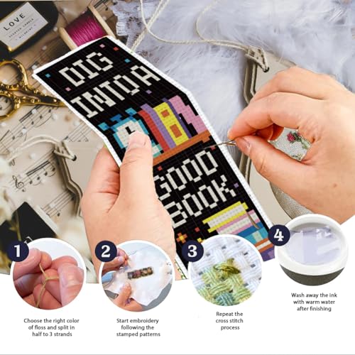 INFUNLY 6PCS Book Theme Cross Stitch Bookmark Kits 8''x2.4'' Study Bookmark Making Kit Good Book DIY Stamped Embroidery Bookmarks for Beginners with Instruction for Book Lovers Reader Writers Gift - style: Book Theme