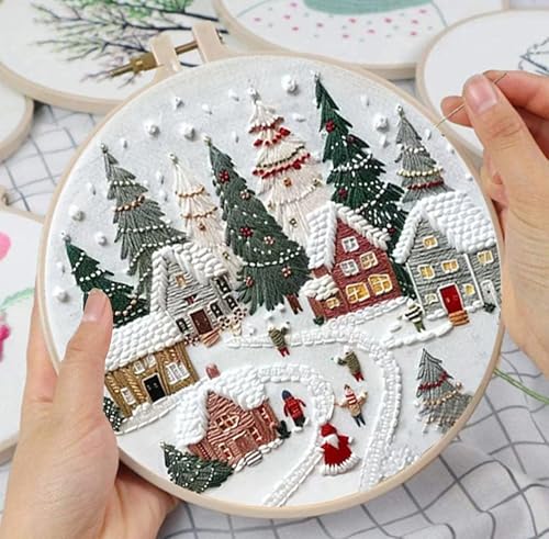 Huacan Embroidery Kits for Adults Beginner DIY Cross Stitch Stamped Christmas Tree Pattern Stitching Sewing Kit 1 Piece 7.8 x 7.8 Inch - color: Village