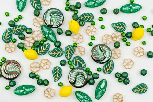 2.1oz (60g) of Focal Czech Glass Bead Mix with Lemon Shaped Beads, Seashel Beads and Leaf Beads, Emerald - color: Green Emerald Mix