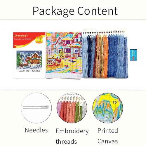 Zhenqing Christmas Snow Night Printed Cross Stitch Kit - 11CT 38x48cm with Threads, Needle & Pattern, No Hoop Needed for Beginners (65830) - color: 65830