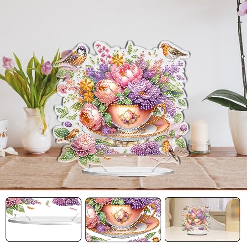 POETRYDRAW Diamond Art Ornament Desktop Kit Cup Flower, Stand Up Diamonds Painting Ornament for Adults, 5D DIY Special Diamond Gem Craft Tabletop Placement Board Kit - color: Cup Flower