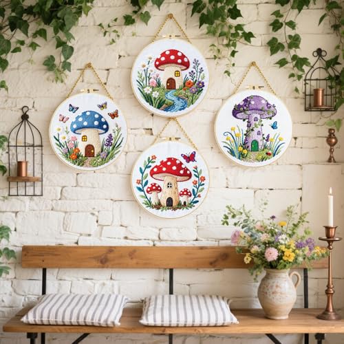 FREEBLOSS 5 Set Embroidery Kit Mushroom Pattern Stamped Embroidery Starter Kit with Step by Step Instructions, Colored Threads, 2 Hoops, Needlepoint Kits for Hand Craft Lovers Gift, 30cm/11.8inch