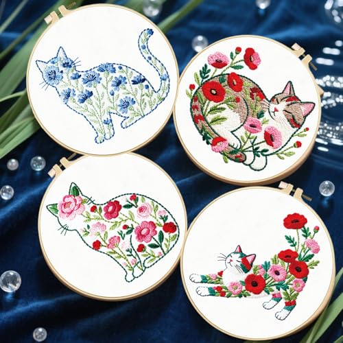 FREEBLOSS 5 Sets Embroidery Kit for Beginners Needlepoint Flower Cat Stamped Embroidery Starter Kit with Instructions, Needles, Threads, 2 Hoops 11.6"/29.5CM