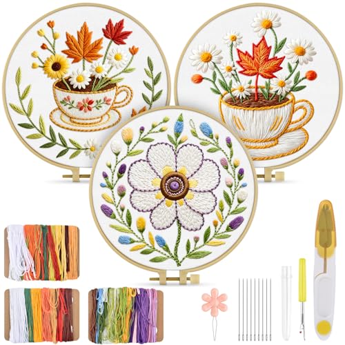TINDTOP Embroidery Kit for Adult, 3 Pack Embroidery DIY Starter Kit, with Stamped Patterns, Hoop, Tools, Colorful Threads with Needles, Instructions (Flower Cup) - color: Flower Cup