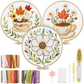 TINDTOP Embroidery Kit for Adult, 3 Pack Embroidery DIY Starter Kit, with Stamped Patterns, Hoop, Tools, Colorful Threads with Needles, Instructions (Flower Cup) - color: Flower Cup