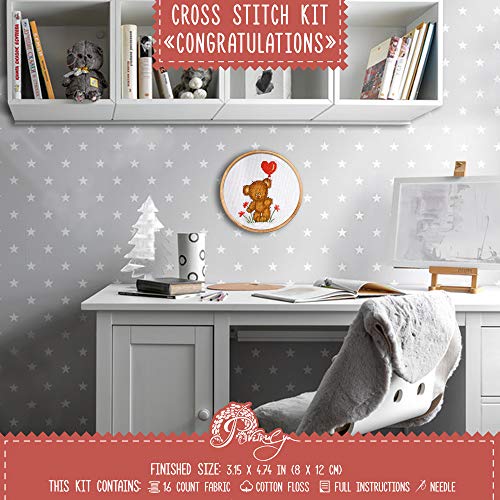 Povitrulya Cross Stitch Kit for Baby Boy “Congratulations!” - Teddy Bear Embroidery Set fors - color: Congratulations!