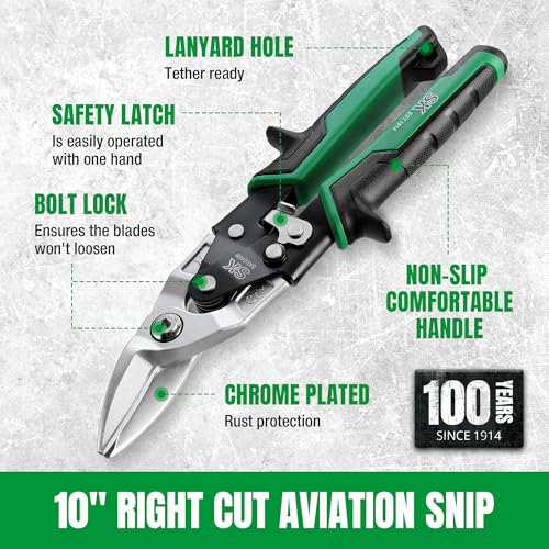 SK 10-Inch Tin Snips Heavy Duty, Right Cut Aviation Snips, Cr-Mo Steel - size: 10" Right Cut