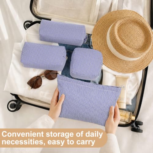 Sanwuta 4 Pcs Seersucker Pouch Striped Makeup Bag Set, Navy Blue - color: Navy Blue
