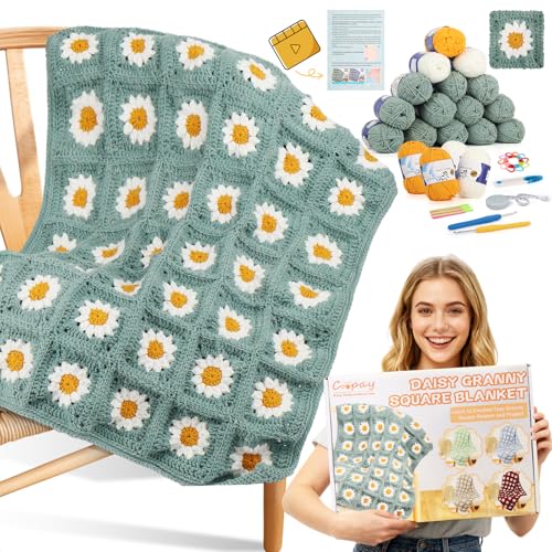Coopay Crochet Kit for Beginners, Easy Granny Square Crochet Blanket Kit - color: Green - Daisy