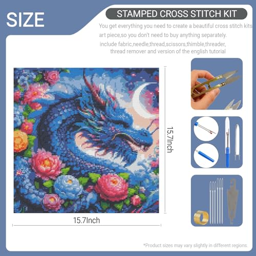 HKLIOPU Stamped Cross Stitch Kits - Dragon Embroidery Starter Kit for Adult Beginners, 11CT Needlepoint Cross-Stitch Patterns Dimensions Kit Arts and Crafts 16X 16 inch - color: USL-005