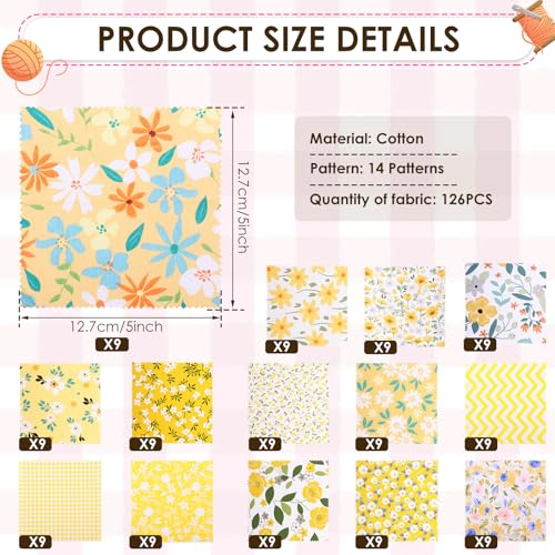 126 Pcs Charm Pack for Quilting 5 inch, 100% Cotton Fabric Square Pre Cut Quilted Fabric Floral Patchwork for Sewing DIY Craft Project Blanket Making Assorted (Yellow) - color: Yellow