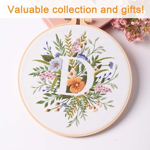 Harimau Letter D Pattern Embroidery Kit for Adult Beginners, Complete Starter Pack with 1 Hoop, Needles, Instruction Guide & Embroidery Stitch Video Tutorials - color: D