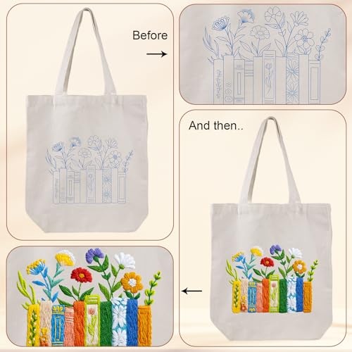 Louise Maelys Book and Flowers Embroidery Kit Canvas Tote Bag for Beginners - color: books flowers