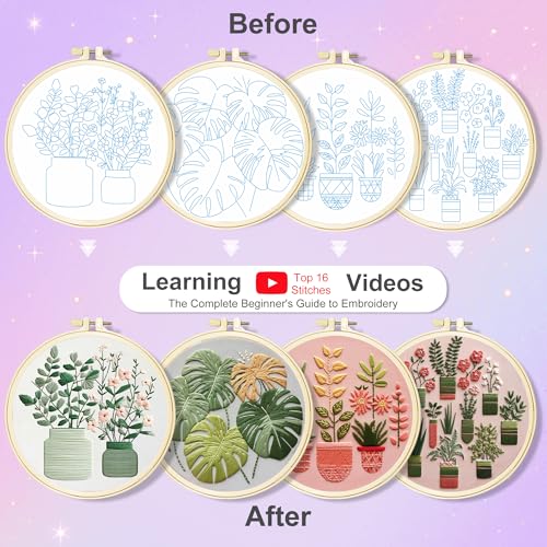 Huacan Embroidery Kit for Adults Beginners with 4 Hoops & Gift Box - color: Potted Plants 1
