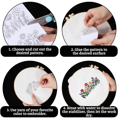 Water Soluble Embroidery Stabilizer 4 Sheets Water Soluble Stabilizer for Embroidery Patterns Stick and Stitch EmbroideryPaper Designs Transfer Paper with Pre-Printed Flower Leave for Hand Sewing