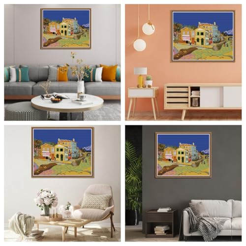 IUHUI 14 Count Stamped Cross Stitch Kits for Beginners Adults, The Yellow House of Van Gogh Pre-Printed DIY 14ct Embroidery Sewing Starter Kit Needlework Easy Patterns Famous Paintings - color: The Yellow House
