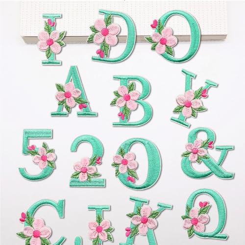 37Pcs Iron on Letters and Numbers Patches, Blue Flower Alphabet Embroidered Patch A-Z, Numbers 0-9 Applique for Clothes Hats Bags Jackets Jeans DIY Decoration - color: Mint blue letters and numbers, size: 37pcs