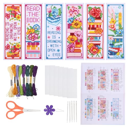 ORIGACH 6 Pcs Cross Stitch Bookmark Kit for Beginner Book Flower Stamped Embroidery Stitch Kits for Starter DIY Bookmarks Printed Cross Stitch Kits for Book Lovers - style: Book and Flower