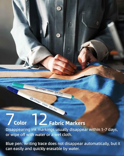 Jauisus 12Pcs Disappearing Ink Fabric Pens, 7 Colors - Dark Blue, Green, Blue, Purple, Pink, Orange, Yellow - Water Soluble Embroidery Pen for Fabric, Sewing, DIY Crafts