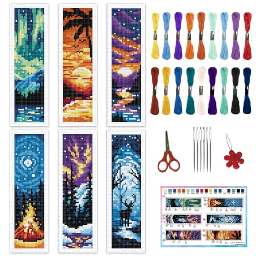 INFUNLY 6PCS Scenery Cross Stitch Bookmark Kit for Beginners 8.66"×3.15" Beach Stamped Embroidery Bookmark Kit Mountain Needlepoint Bookmark Kit with Instruction for Book Lovers Reader Writers - style: Fantasy Scenery