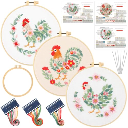Mindsoft 3 Set Needlepoint Kit for Beginners with Hoop,Flower Rooster - style: Flower Rooster