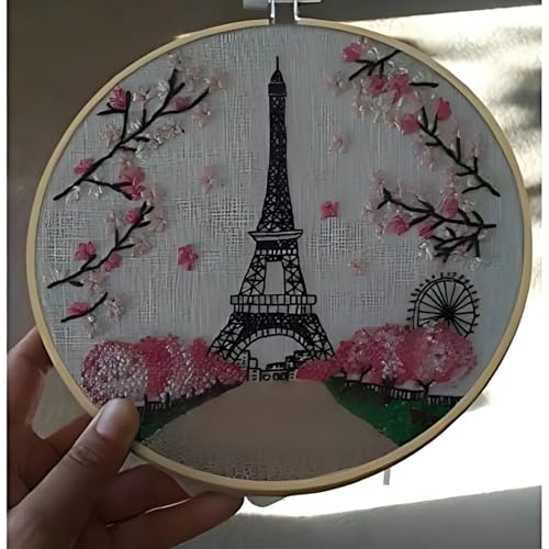 Embroidery Starter Kit Eiffel Tower Paris Pattern Full Range DIY Beginner - color: White-Gray