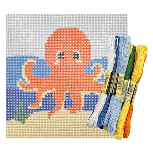 Howie's Needlepoint Animal Needlepoint Kits, 13CT Printed Embroidery Pattern Starter Kits, Stamped Patterns Canvas Kits(Octopus,6x6inch) - color: Octopus