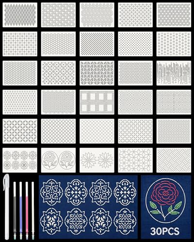 FIVEIZERO 30PCS Sashiko Stencils Kit,Sashiko Templates&4 Heat Erasable Pens - color: new style-big