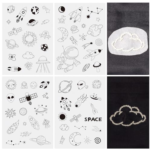 Magibeads 68 Patterns Space Theme Water Soluble Embroidery Patterns Rocket Planets Astronauts Stick and Stitch Transfer Embroidery Paper for Adult Beginners Hand Sewing Starter Kit - color: Space