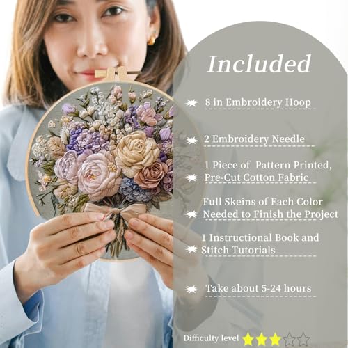 FONNUY Bouquet Flowers Embroidery Kit for Beginners, Pre-Stamped Pattern Kits for Adults with Hoop, Easy to Follow Color Thread Needlework, 8'' Hoop (Timeless Elegance) - style: Timeless Elegance