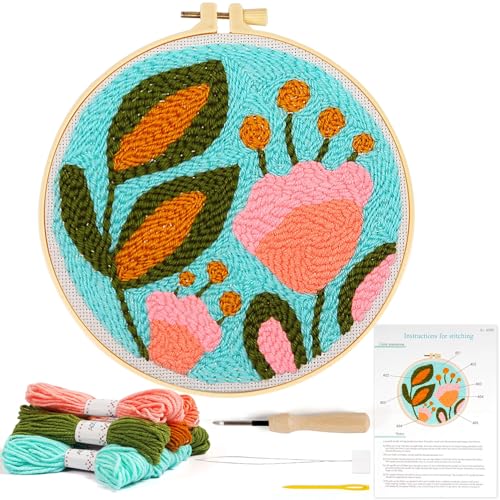 KESTAR Punch Needle Embroidery Starter Kits, Tulip Flower Punch Needle Kits for Adults Beginner, Needle Punch Kit Tool with Instruction Threader Fabric Yarns and Hoop - color: Pink Flower