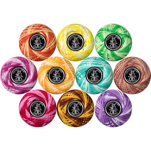 Crochet Thread 10 Balls Cardinal Size 8 for Crochet Hardanger Cross Stitch Needlepoint Hand Embroidery (Variegated Light Colors Series) - color: Variegated light colors