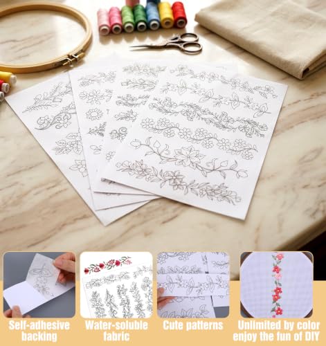4PCS Stick and Stitch Embroidery Patterns, Water Soluble Embroidery Pattern