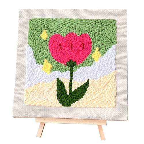 Allazone Punch Needle Embroidery Kit, Square Frame with Green and Pink Tulip Pattern, Includes Frame, Stand, Punch Needle, Scissors, Yarns, Adults Beginner Friendly - color: Green and White-2