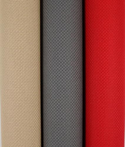 KCS 3 pc of 15" x 18"(38cmx45cm) Counted Cross Stitch Cotton Aida Cloth Needlework Rolled Fabric Box,14CT,Red+Khaki+Dark Grey - color: Red+khaki+dark Grey, size: 14CT