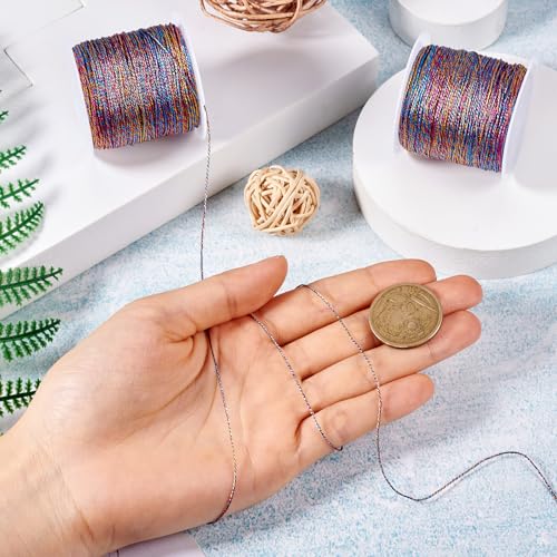 Beadthoven 2 Rolls Metallic Cord Twine, Colorful Thread String for Bracelet Making Rainbow Jewelry Braided Thread Rope 9-Ply Embroidery Thread Floss for Gift Wrapping Home Décor Upholstery Curtain - color: Deep Metallic Color-colorful
