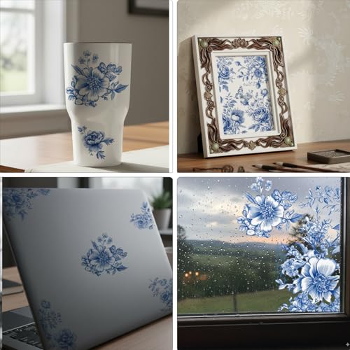 Vintage Floral Rub on Transfer for Crafts - 6 Sheets Blue Chinoiserie Flower Cold Rub on Transfer for Furniture, Retro Butterfly Flowers Stickers Decals for Wood Furniture Canvas Farmhouse Decoration - style: Floral