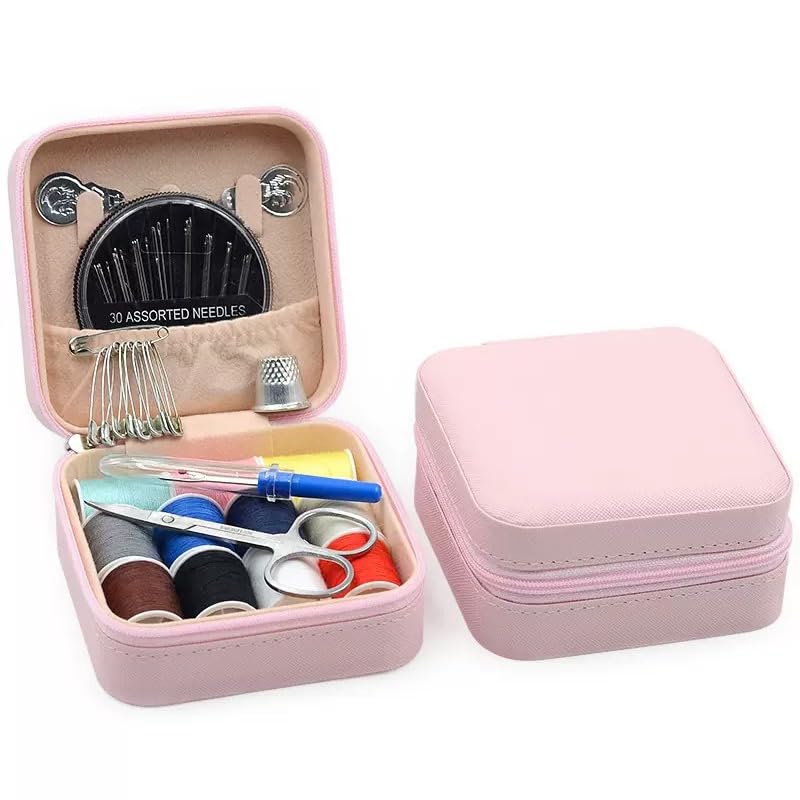 56 Pcs Portable Sewing Kit, Needle and Thread Kit with PU Leather Case, Basic Sewing Kit and Hand Seeing Kit with Scissors, Seam Ripper, Safety Pins for Travel Home Repairs(Pink) - color: Pink