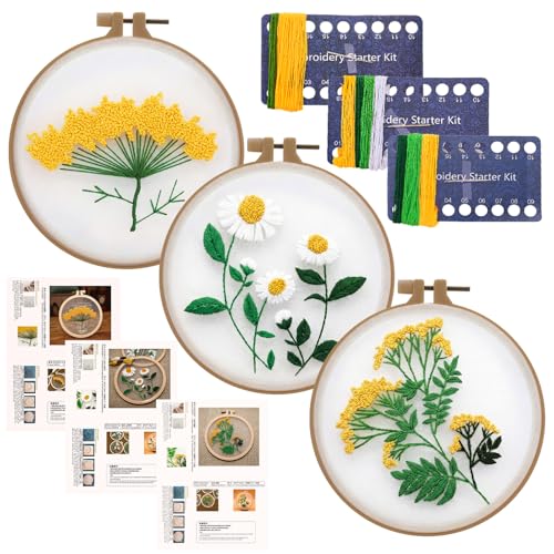 Ovveroche 3 Sets Embroidery Kit for Beginners, Flower Cross Stitch Kits