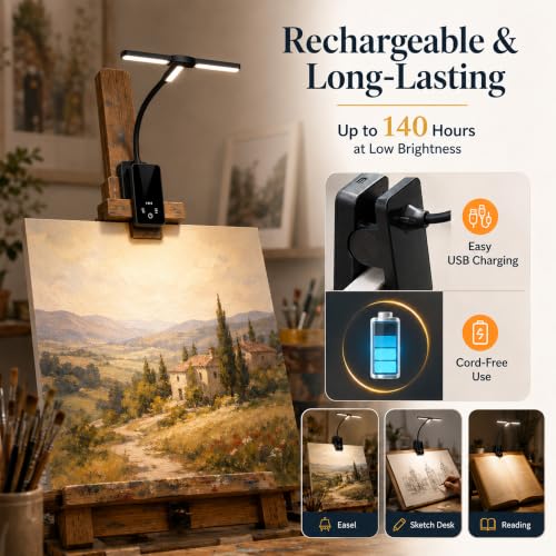 2 Pack Clip-On Easel Light, Rechargeable Artist Lamp for Painting
