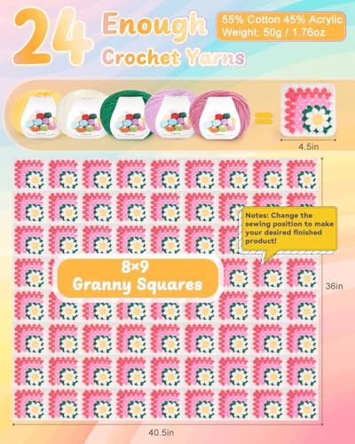 Coopay Crochet Kit for Beginners, Easy 3D Granny Square Blanket Kit, Pink - color: Pink- 3D Daisy