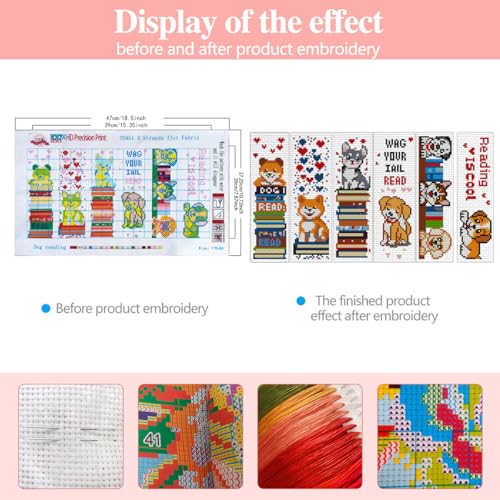Zhenqing Bookish Dog Stamped Cross Stitch Bookmark Kit, 6 Reading Puppy Designs on 11CT Printed Cotton Fabric for Adults and Beginners, Gift for Book Lovers - color: Dog Reading Bookmarks