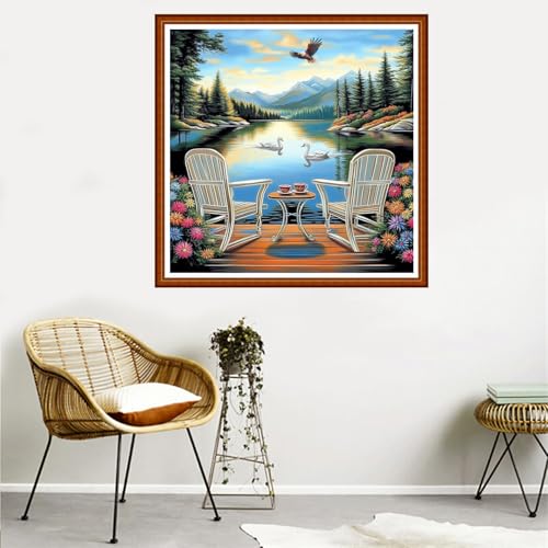 Redxing Counted Cross Stitch Kit for Beginners,Unprinted Needlepoint Kits for Beginners Cross Stitching Embroidery Kit 11CT Stitches kit-Rest by the Lake 18x18 inch - color: SetColor08