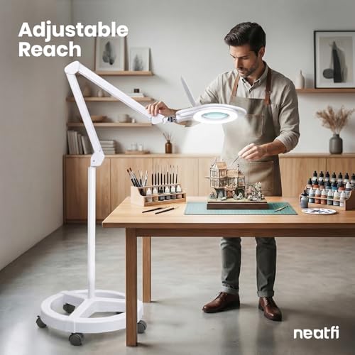 Neatfi Magnifying Floor Lamp | 2.25× (5D) Magnification | 1,000 Lumens LED | Adjustable 3000K–6500K Color Temperature | 5-Wheel Rolling Base | Reading, Crafts & Precision Work (White-2, 5 Inches) - color: White-2, size: 5 Inches
