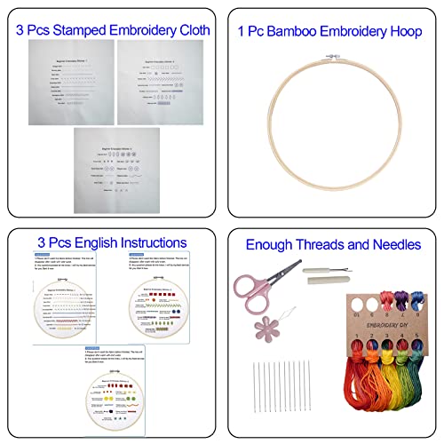 Bonroy Beginners Embroidery Practice kit 3 Sets to Learn 30 Different Stitches for Craft Lover Hand Stitch with Embroidery Fabric with Skill Techniques - color: Learning Stitches