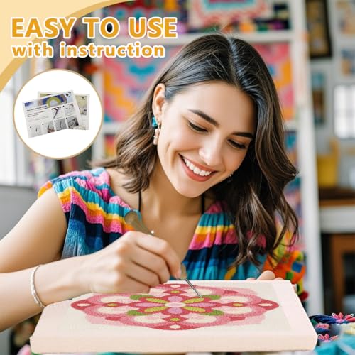 Doodlream Mandala Flower DIY Punch Needle Embroidery Kit for Adult Beginner, 9.4" Geometric Pink Floral Punch Stitching Craft Set for Starter with Frame, Fabric Pattern, Threader, Yarn, Pinch Needle - color: Mandala Flower