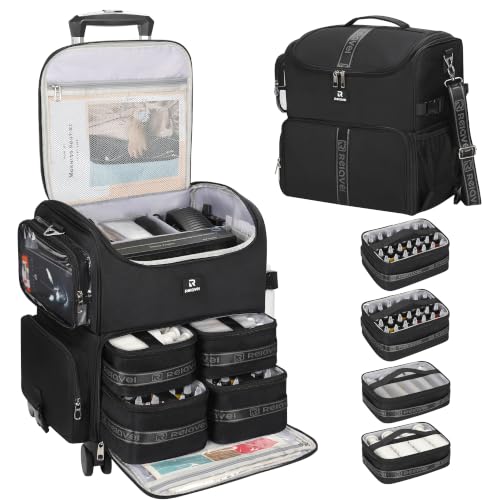 Relavel Rolling Tattoo Travel Case with 4 Inner Removable Pouches, Black - color: Black, size: Large with Trolley