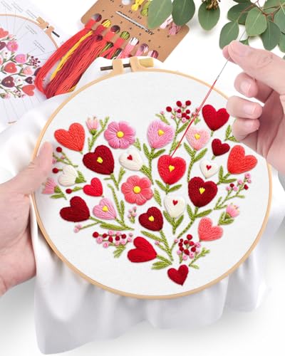 ERKOON Embroidery Kit for Beginners Adult, Flower Cross Stitch Set Include Embroidery Cloth Hoops Threads for Craft Lover Hand Stitch with Embroidery Skill Techniques (Heart) - color: Heart