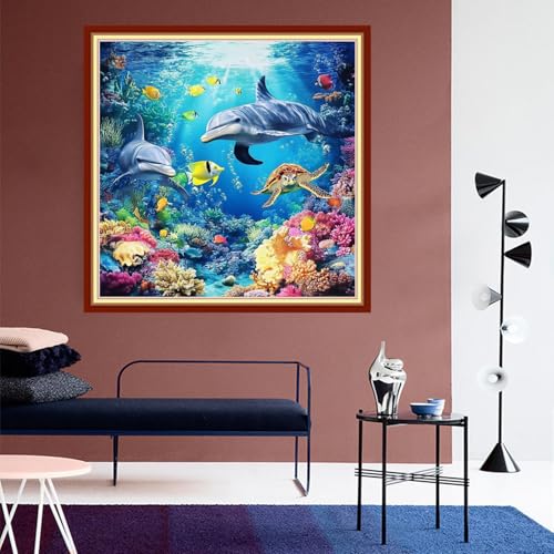 DMCVIVR Stamped Cross Stitch Kits for Beginners Adults Needlepoint Kits for Beginners Embroidery Kits for Adults Crossstitch Kit for Beginners 11CT-Underwater Dolphins, sea Turtles 18x18 inchs - color: ColorNice06